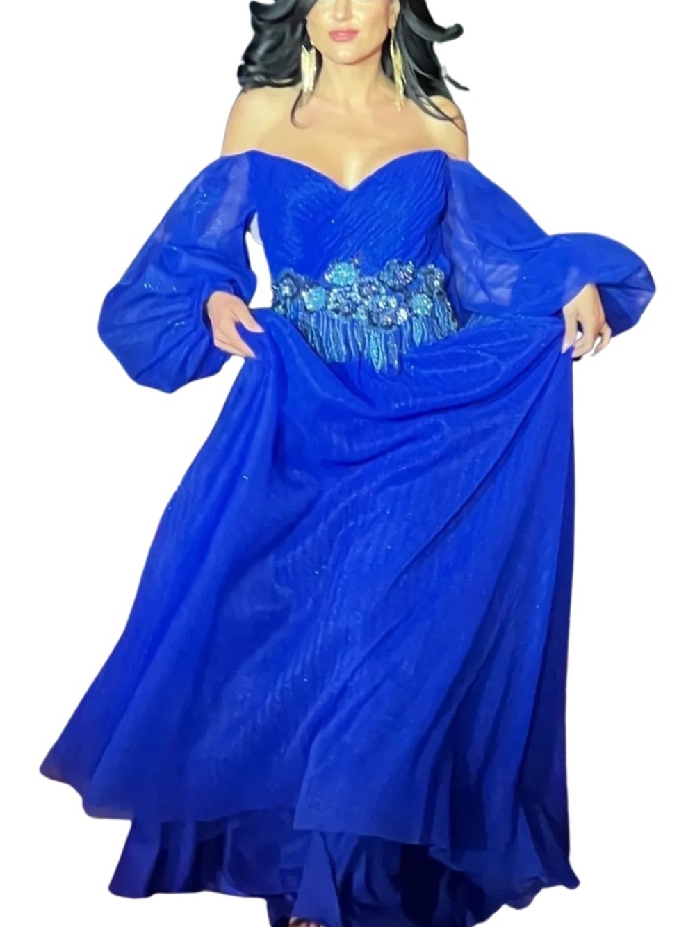 Pol Atteu Royal Blue Evening Gown with Beaded Waist